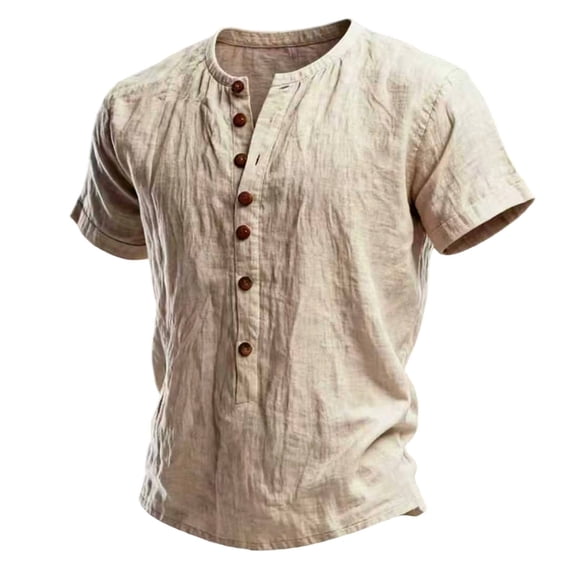 Linen Shirts for Men Summer Solid Casual Crew Neck Short Sleeve Henley Shirts for Men Renaissance Top
