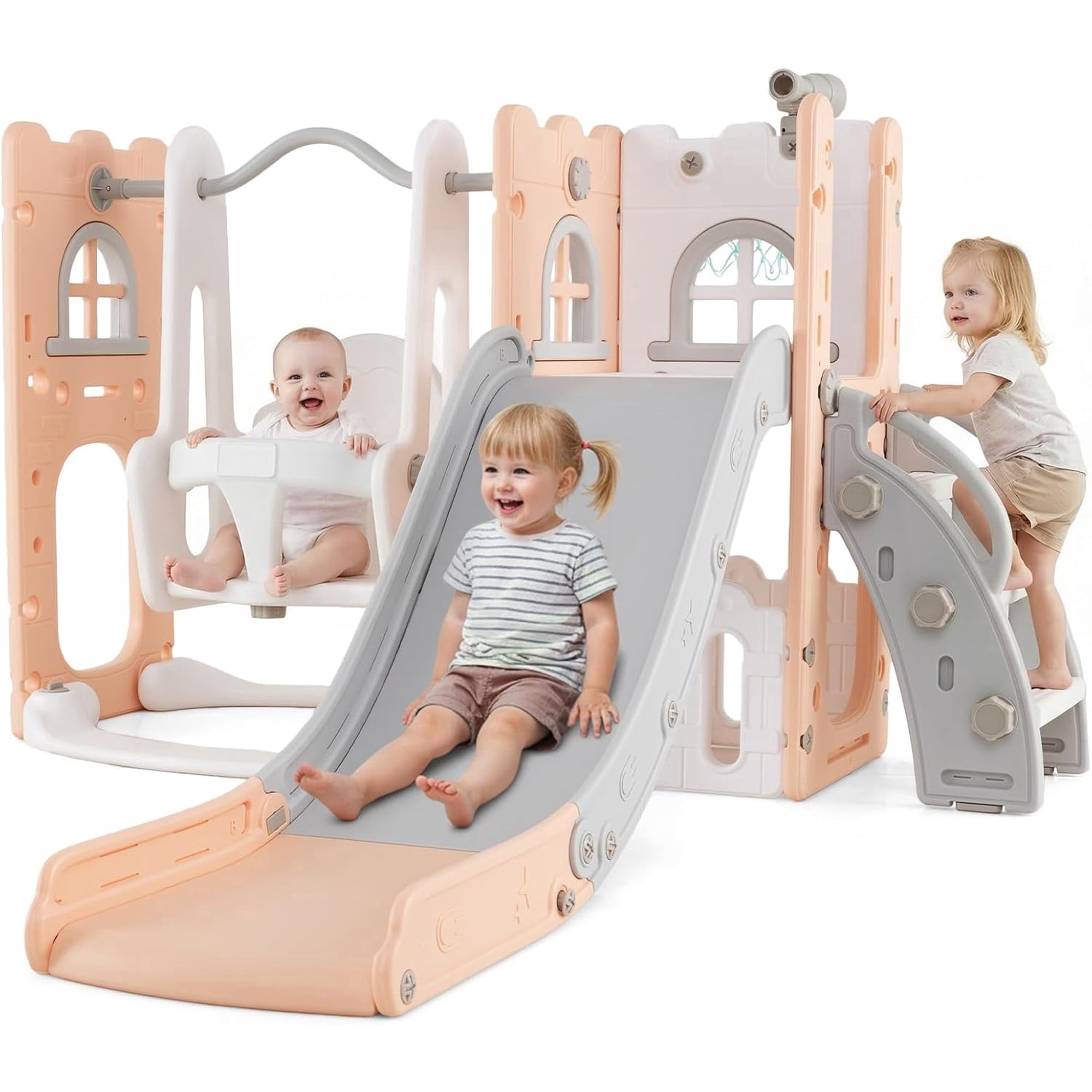 OLAKIDS Toddler Slide and Swing Set 7 in 1 Kids Indoor Outdoor Playground with Climber Basketball Hoop Telescope Toy Storage for Boys Girls Aged 1+
