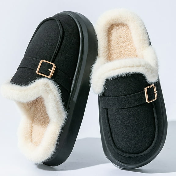 Pmoiste Platform House Slippers for Women Fluffy Furry Collar EVA Memory Foam Warm Comfy Winter Slipper