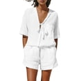 thumbnail image 3 of Bovxnpu Women 2 Piece Loungewear Set Beach Vacation Sweatsuit Tracksuit Set Women's Fashion Casual Short Sleeve Top Pocket Cotton Linen Shorts Outfits Set Summer Outfits, 3 of 9