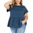 thumbnail image 1 of GRACE & GRANDEUR Blusas de Verano para Mujeres Talla Grande con Peplum y Mangas con Volantes, Cuello Redondo, Frente Plisado, Casual y a la Moda, 2X Azul Oscuro, 1 of 6