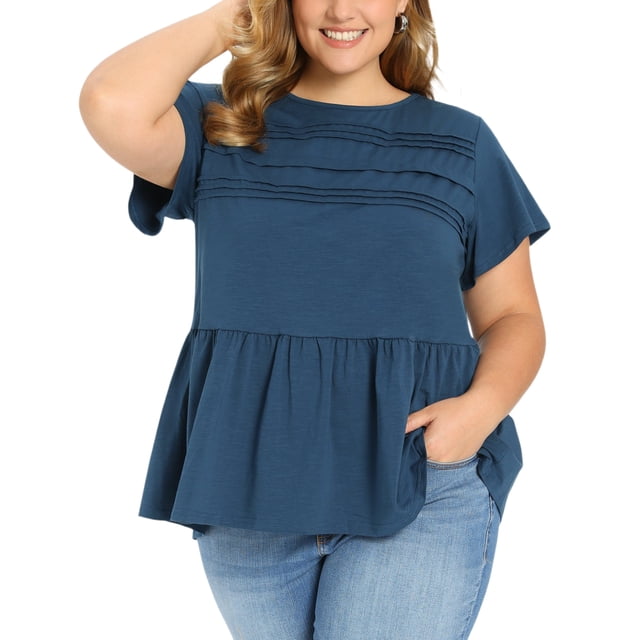 GRACE & GRANDEUR Blusas de Verano para Mujeres Talla Grande con Peplum y Mangas con Volantes, Cuello Redondo, Frente Plisado, Casual y a la Moda, 2X Azul Oscuro
