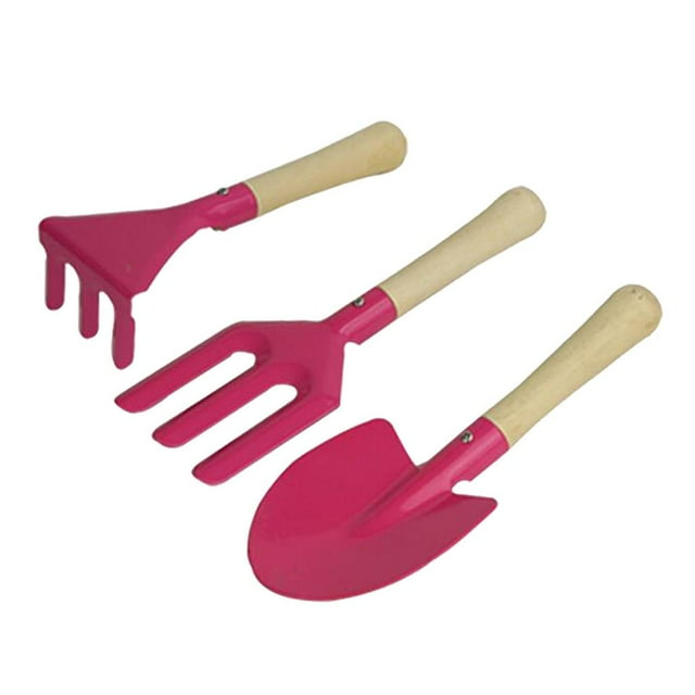 Tachiuwa 3pcs wooden handle Mini Rake Fork Set for Kid Beach Sandbox Toy Safe Pink