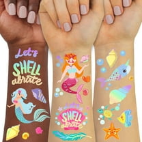 Mermaid Temporary Tattoo for Kids-76 Glitter Style Cute Fake Tattoo Dolphin Ocean Animals Waterproof for Girls Boys Body Face Tattoos Stickers Beach Art Birthday Party Favors Decorations