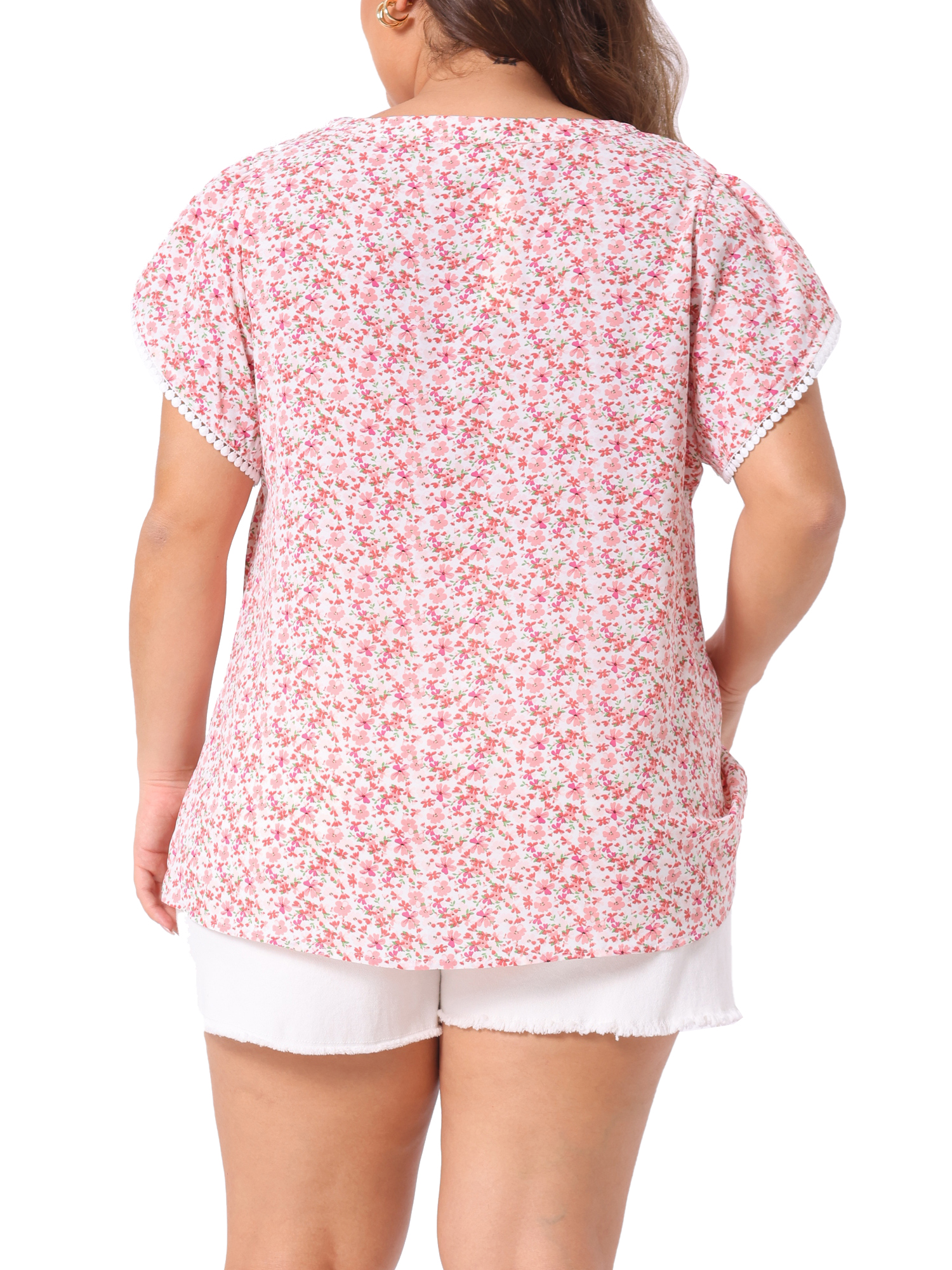 Women's Plus Tops Floral V Neck Tulip Sleeve T-Shirt Tee Summer Top 1X Pink
