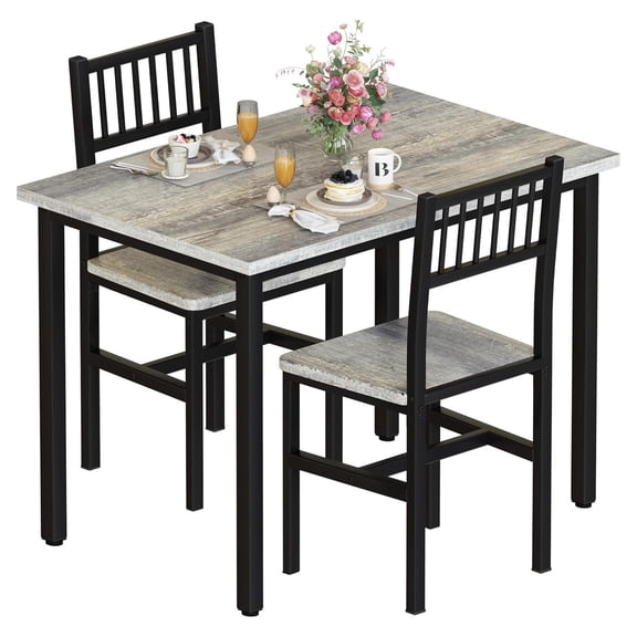 3 Piece Dining Table Set for 2 with Chairs Small Kitchen Table with Two Stools for Apartment Studio Nook Breakfast Bar and Café Area Grey Metal and Wood Design for Compact Spaces