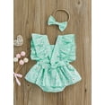 thumbnail image 4 of Baby Girl Romper Ruffle Fly Sleeve Square Neck Floral Romper with Bowknot Hairband, 4 of 9