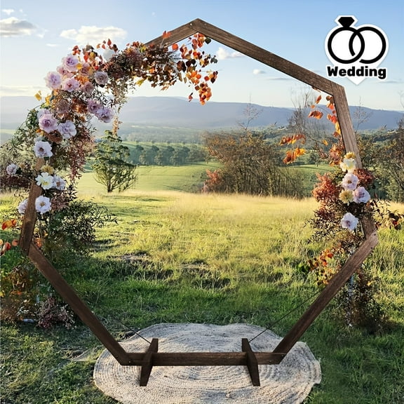 1pcs Wooden Wedding Arch, Heptagonal Wood Arch For Wedding Ceremony With 2 Iron Support Stand, Wood Arch For Weddings, Parties, Indoor, Outdoor, Backdrops, Garden Decorations