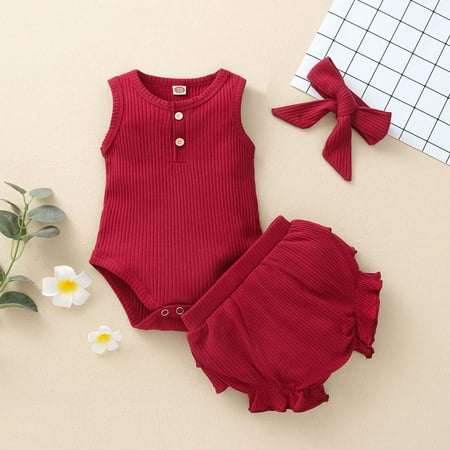 

DAETIROS Quick Drying Newborn infant Baby Girl Sleeveless Solid Romper Bodysuit+Ruffles Shorts Outfits Red