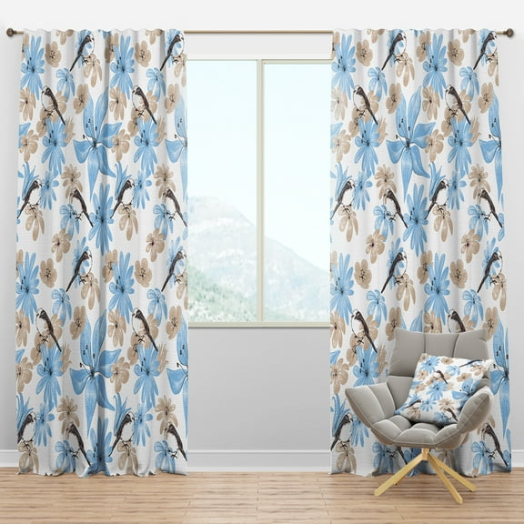 Designart 'Drawing Of Blue Flowers With Little Bird On White' Floral Blackout Curtain Panel