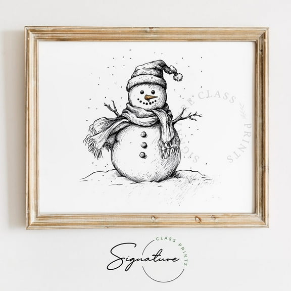 Cheerful Snowman Ink Drawing, Black & White Winter Holiday Wall Art, Rustic Winter Holiday Decor, Cottagecore Illustration Home Decor UNFRAMED Poster, Wall Art for Decor, Present, 8x12
