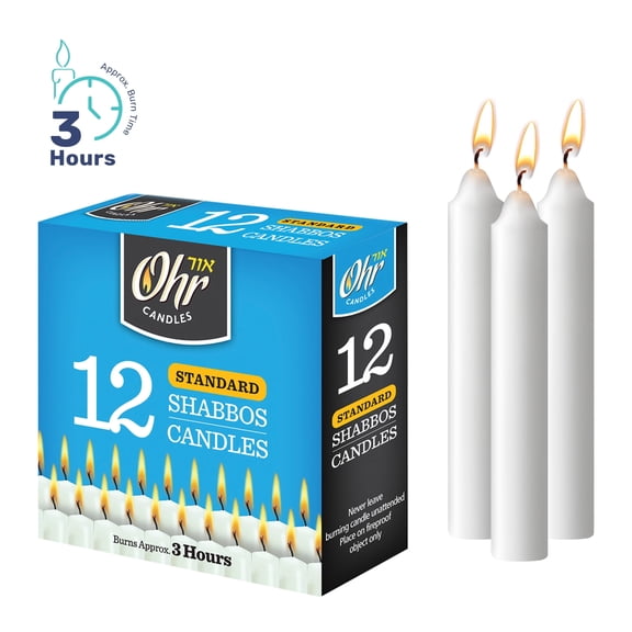 Ohr 3 Hour Shabbat Candles, 12 Count White Taper Candles, Dripless Emergency Candles, Unscented Prayer & Religious Candles, Long Burning Household Candle Supply