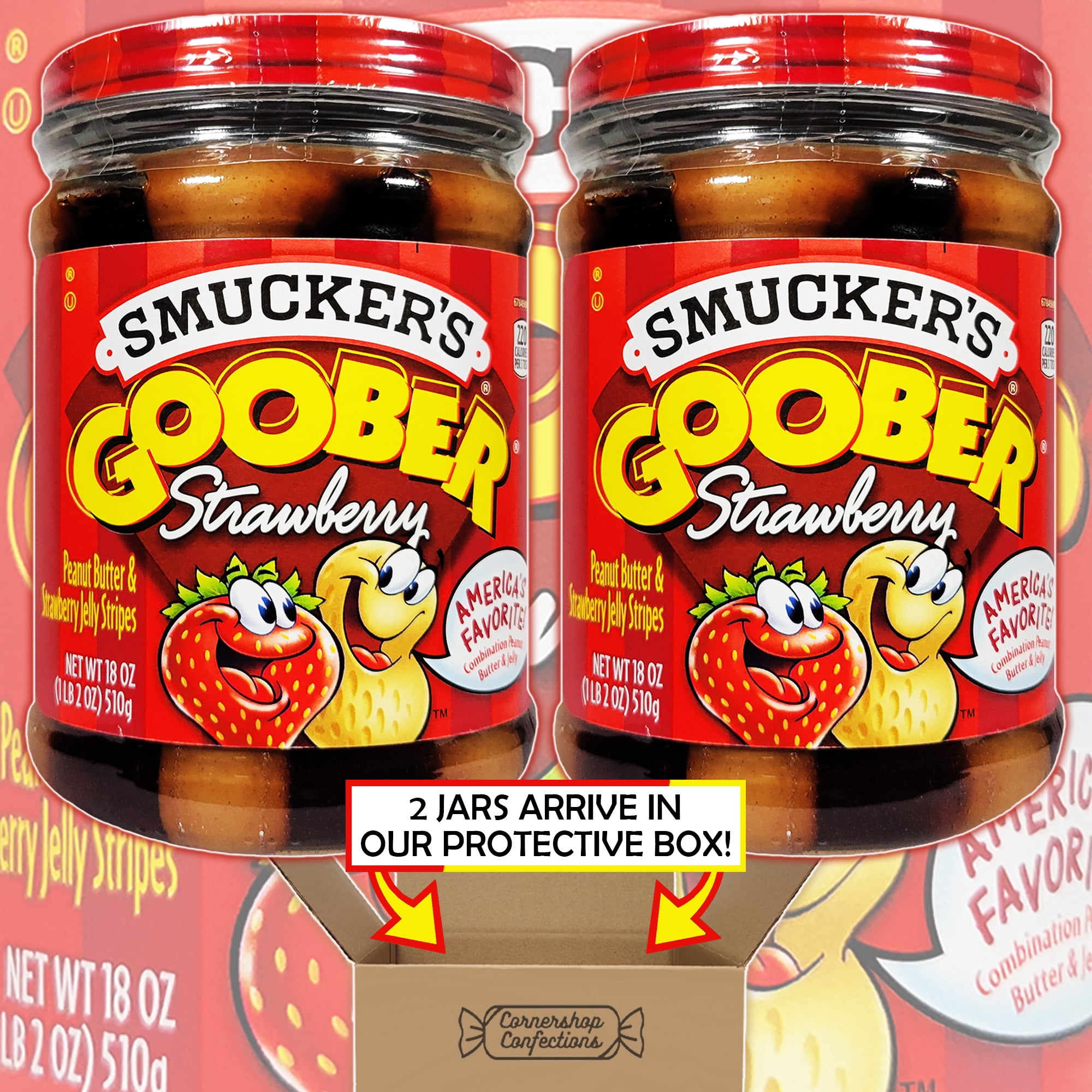 Goober Peanut Butter and Strawberry Jelly 2 Jar Bundle - 36 ounces Total - Peanut Butter and Strawberry Jelly Stripes - For PB&J Sandwiches, Waffles, Pancakes in Cornershop Confections Pack