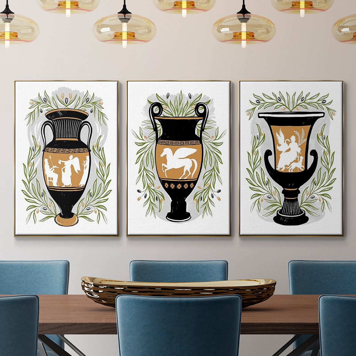Greek Vases I - Framed Premium Gallery Wrapped Canvas L Frame 3 Piece Set - Ready to Hang