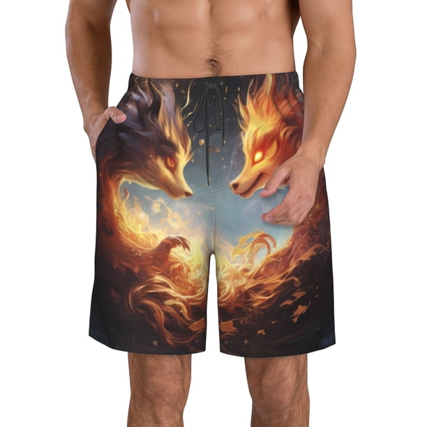 Fotbe Red And Gray Flame Fox Trajes de Baño Estampados para Hombre, Shorts de Verano de Secado Rápido, Ropa de Playa, Bañadores-3X-Large