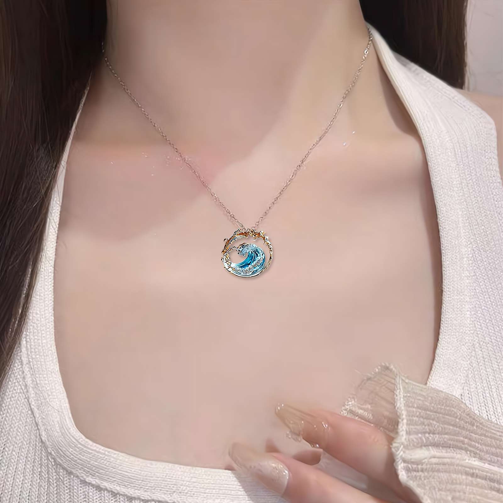 Collier Vague Élégant - Bijou Océan Bleu Réglable - Pendentif Inspiration Force & Résilience - Cadeau Symbolique Pour Femme