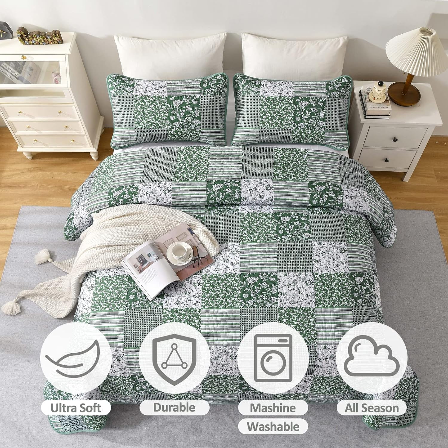 Sage Green Boho Queen Size Bedspread Coverlet Set Patchwork Quilt Set Soft Plaid Floral Bedding Set