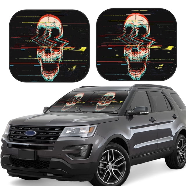 Balery Glitch Screaming Skull Parasol para parabrisas de coche de 2 piezas | Parasol plegable para parabrisas delantero de coche para la mayoría de sedanes-Medium