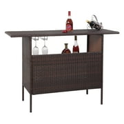 VINGLI Outdoor Wicker Bar Table with 2 Steel Shelves, 2 Sets of Rails, Rattan Bar Counter Table for Backyard, Poolside, Garden