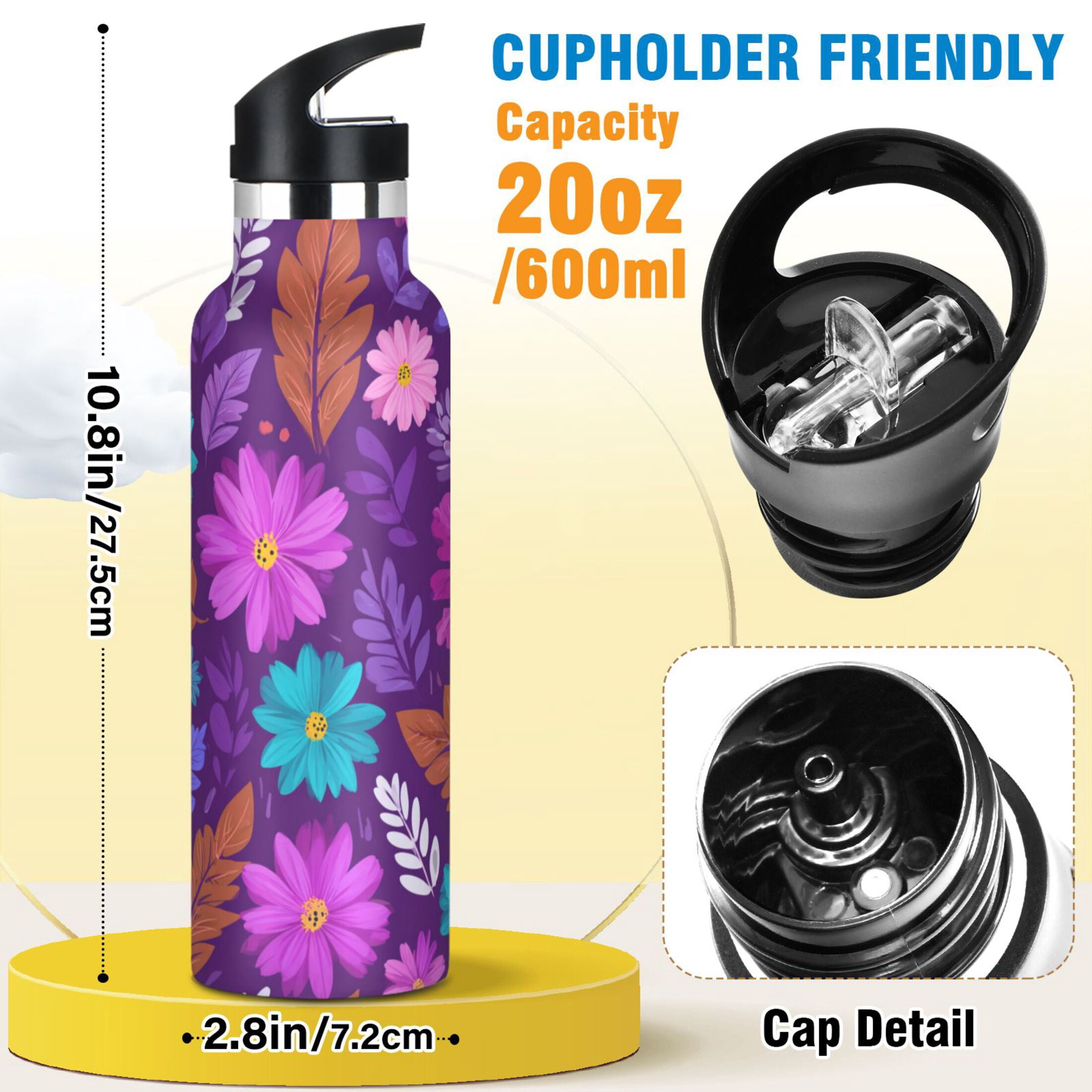 Kids Insulated Stainless Steel Sports Water Bottle 600ml (20oz) Flowers and Leaves