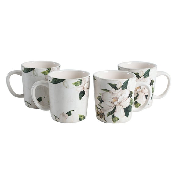 Bico Magnolia Floral Ceramic Mugs, Set of 4, for Coffee, Tea, Drinks, Microwave & Dishwasher Safe