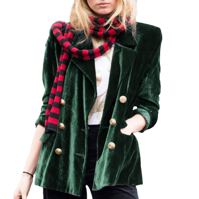 Lovzfmll Women's Velvet Blazer, Relaxed Fit Double Breasted Button Front Green, XL