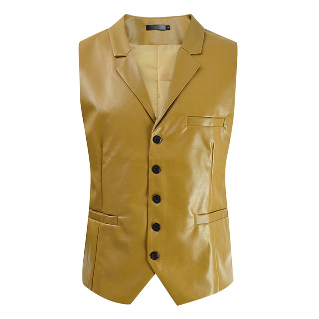 Chaleco ajustado de cuero sintético para hombre - De botonadura sencilla, color liso, poliéster - Ropa informal de primavera/verano