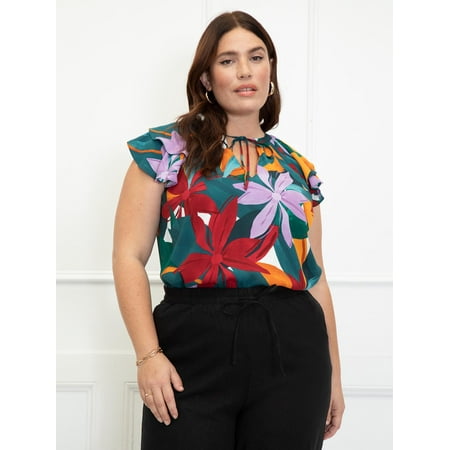 ELOQUII Elements Women's Plus Size Ruffle Sleeve Top