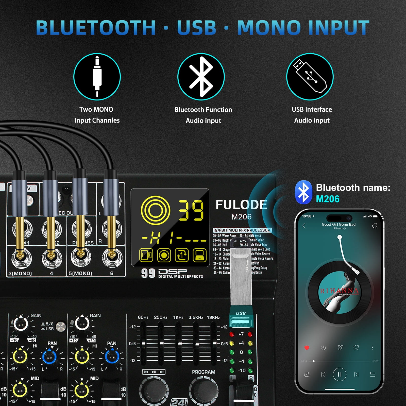 6 Channel Mixer Audio, Professional Music Sound PA Mixer DJ Mixing Board Console with 99 DSP Effects, 5-band EQ, Bluetooth, USB Interface, 48V Phantom Power for Recording Stage Karaoke