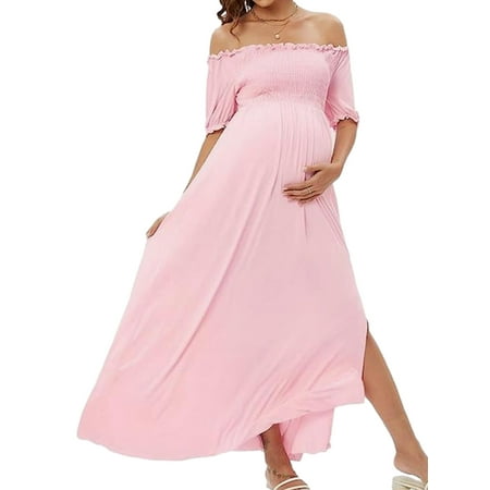

Carolilly Women Maternity Summer Dress Casual Solid Color/Floral Off-Shoulder Long Dress for Pregnancy Clothes