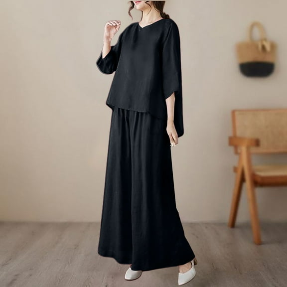 BILIKEYU Two Breathable Cotton And Linen Tops And Leg Pants Set, Womens Linen Set, Loungewear Sets Woman, Womens Pajamas Set