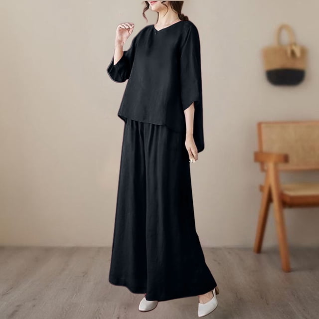 Womens pajama sets Two Breathable Cotton And Linen Tops Loose And Wide Leg Pants Set M