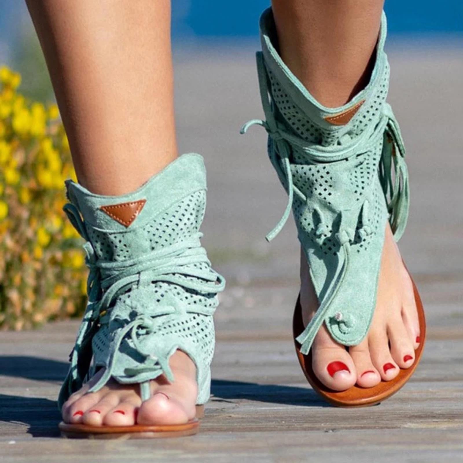 Jsaierl Women Gladiator Sandals Flat Strappy Lace Up Open Toe Knee High  Flat Sandal Zipper Summer Roman Shoes