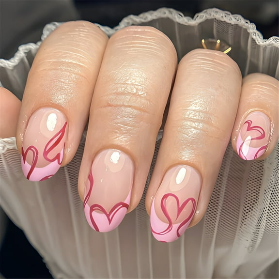 24 Pcs Valentines Day False Nail Short Almond Press On Nail Heart Acrylic Nail French Tip Full Cover Stick on Nail