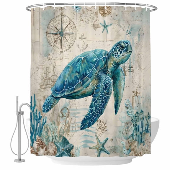 Teal Sea Turtle Coastal Shower Curtain, Waterproof Shower Curtains for Bathroom, Vintage Summer Beach Nautical Washable Fabric Bathtub Curtain Set Bath Decor with 12 Hooks 72"x78"