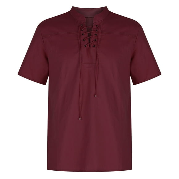 Fridja Fishing Shirts for Men's Casual Solid Color Short Sleeve Stand Collar Drawstring Shirts Loose Fit Dress Shirts for Daily Wear(Wine,5XL)