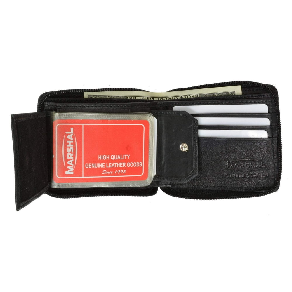 Marshal Wallet Zippered Bifold Leather Wallet W/Removable Plastic