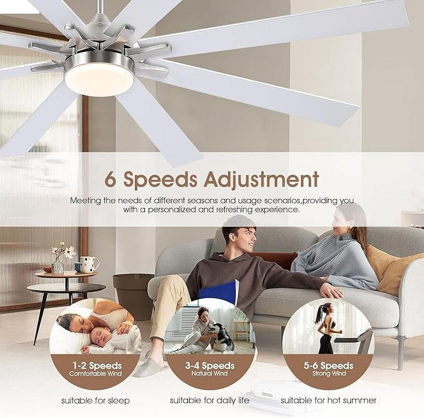 PHORUS 72" Modern Ceiling Fan with LED Light, Quiet Reversible Motor, 6-Speed Remote Control, Adjustable Height, Silver– For Large Rooms & Covered Patios