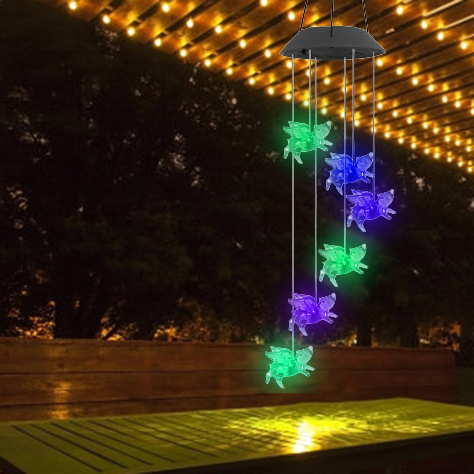 Wind Chimes Solar Pig Yard Garden Flying Changing Color Décor for Home