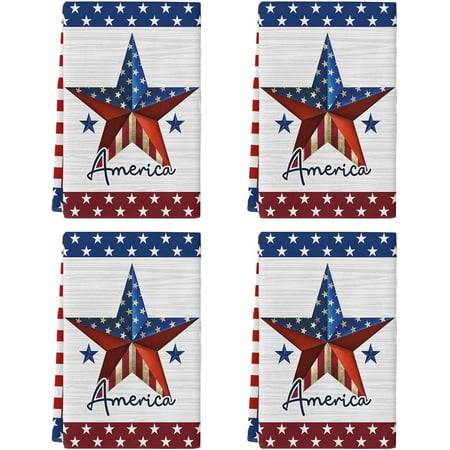 

Patriotic Star Independence Day Kitchen Towel Set of 4 Absorbent Microfiber Hand Towels for Kitchen Bathroom Bar Decorative Blue Red Stripes Ultra Soft Resuable Cleaning Cloths Washable Fast Drying
