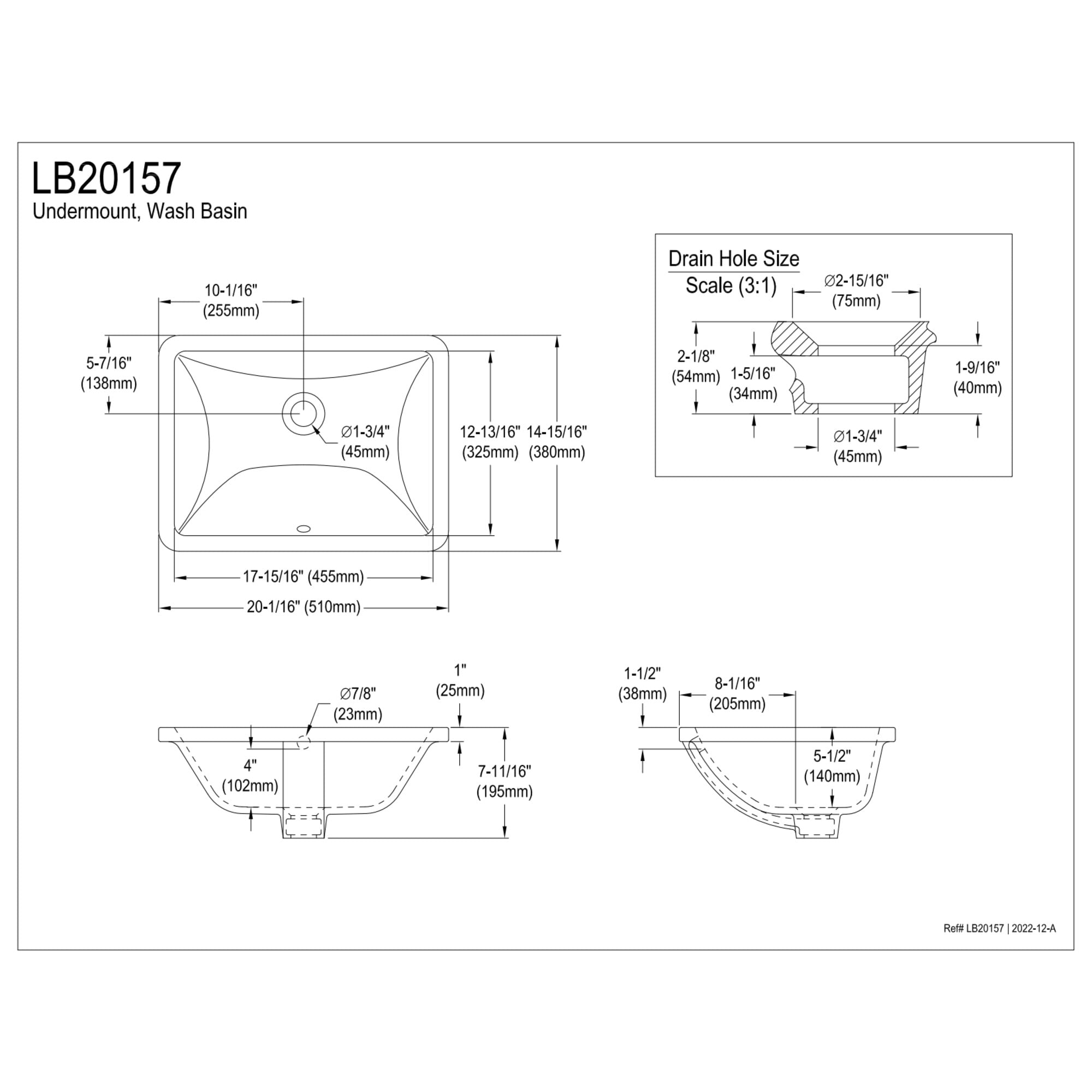 Kingston Brass LB20157 Grotto 20-Inch Ceramic Rectangular Undermount Bathroom Sink in White