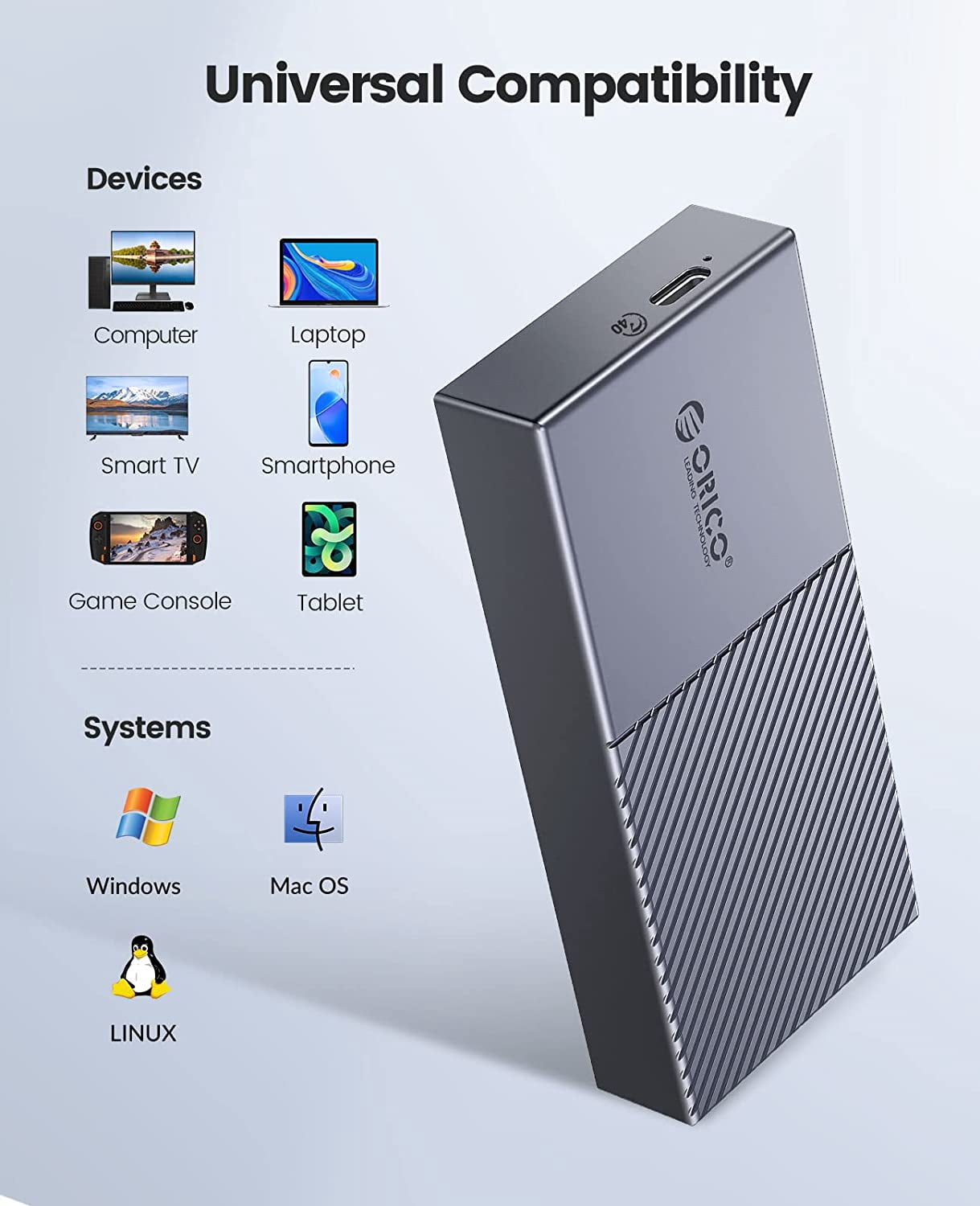 ORICO Aluminum M.2 NVMe SSD Enclosure 40Gbps Cooling Compatible with Thunderbolt 3/4, USB4.0, USB3.2/Type C