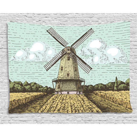 Dutch Tapestry, Hand Drawn Style Windmill in a Farmland and Forest Vintage Agriculture Themed Image, Wall Hanging for Bedroom Living Room Dorm Decor, 80W X 60L Inches, Multicolor, by Ambesonne