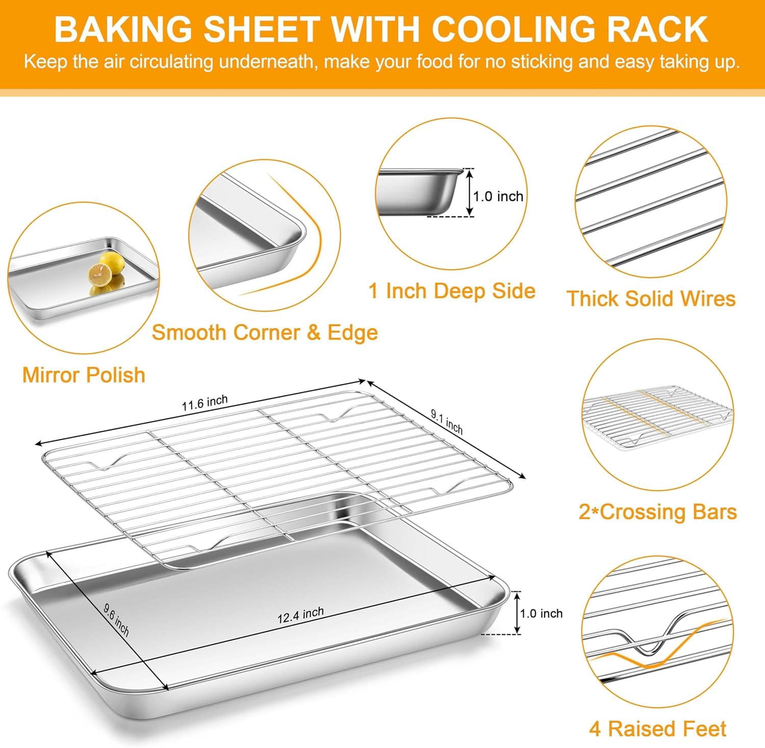 Quarter Sheet Pan with Rack Set (2 Sheets + 2 Racks), 9x13 Stainless Steel Baking Sheets with Non Toxic, Metal Cookie Bacon Tray for Toaster Oven Baking Cooking, Dishwasher Safe