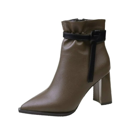 OJSFQUFP Winter Womens Boots Women s Stylish Autumn and Winter Side Zipper Heels High Heels Pointed Belt Buckle Temperament Ankle Boots Ladies Waterproof Shoes Khaki 37
