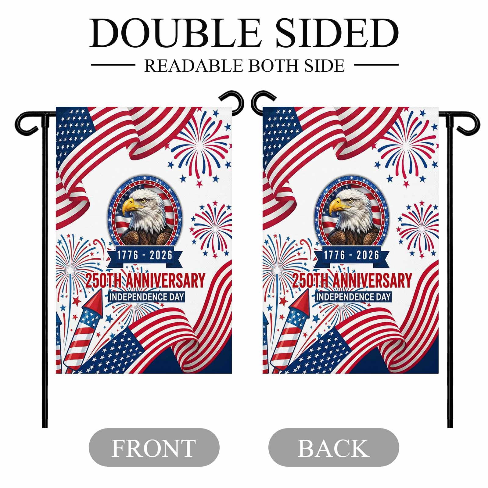 4th of July Garden Flags 250th Anniversary Garden Flag Double Sided Welcome Flag Eagle Fireworks USA Flag Independence Day Yard Flags for Outdoor Lawn Porch Memorial Day Holiday Decor 28x40 Inch