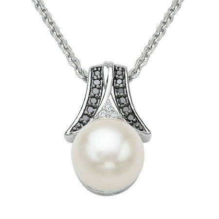 Freshwater Pearl Pendant Necklace with Black & White Diamonds in Sterling Silver