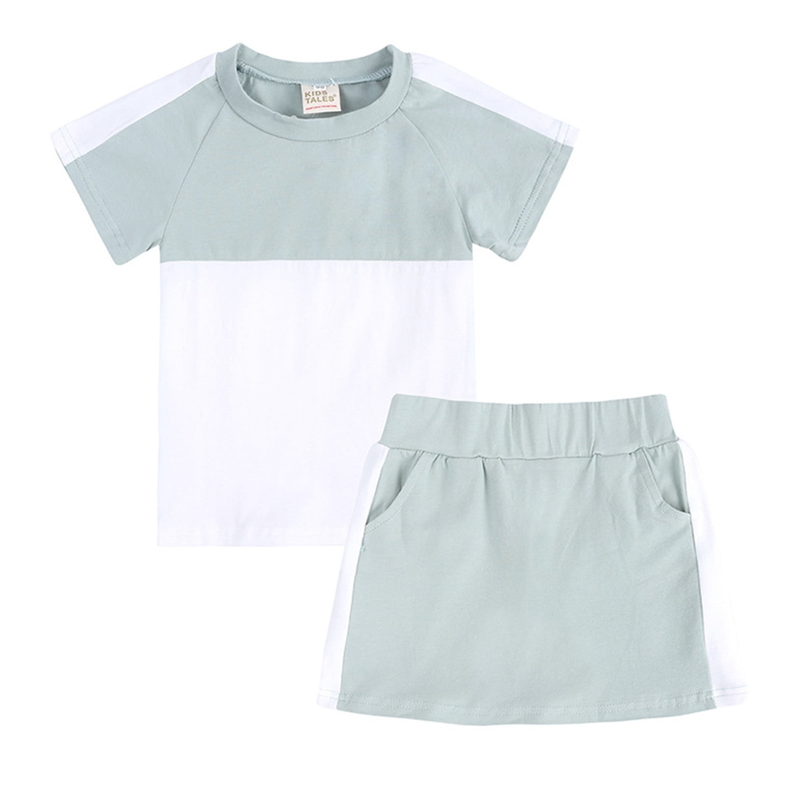 2pcs Kid Girl Button Design Short-sleeve White Tee and Ruffle Belted Green Shorts Set