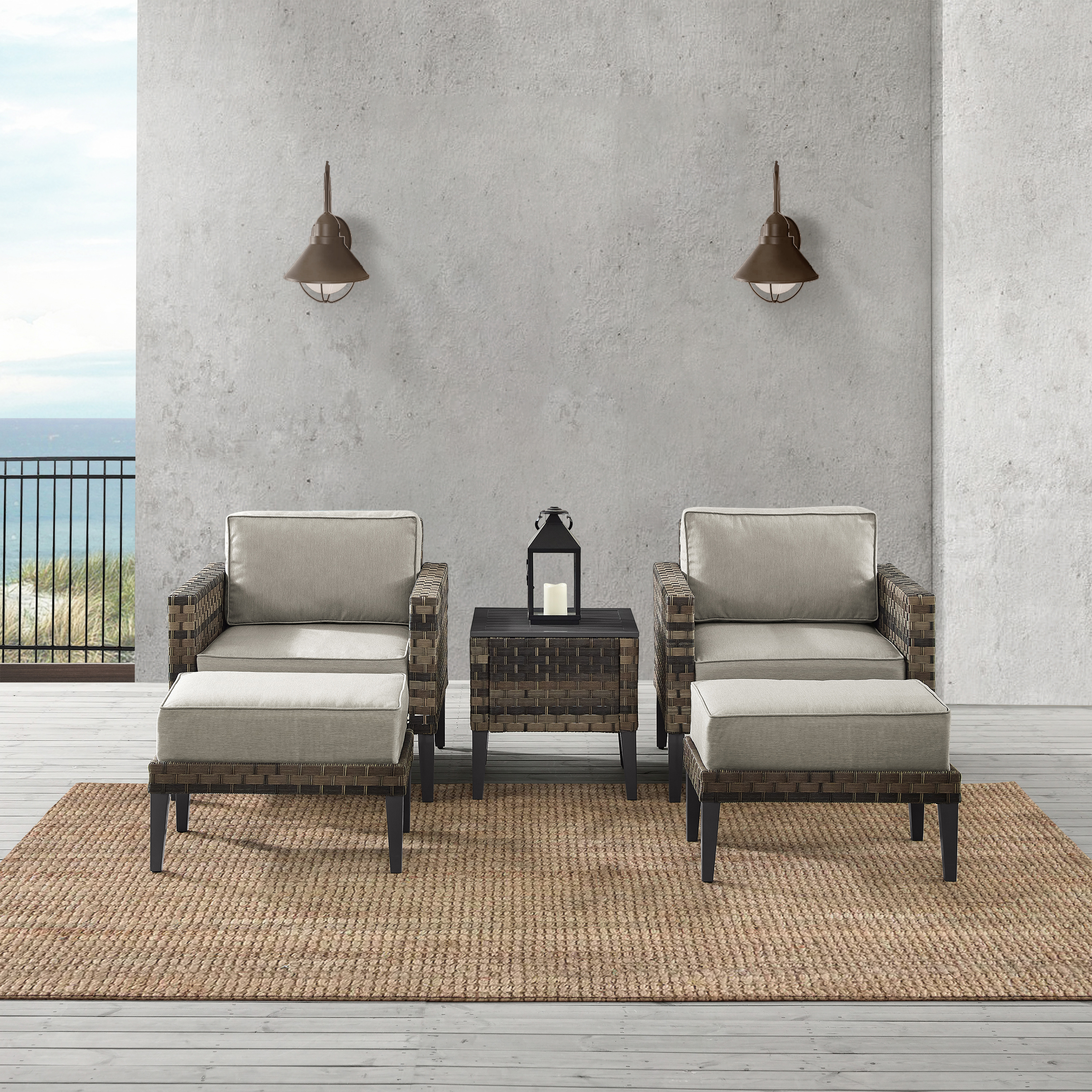 Crosley Furniture Prescott 5Pc Outdoor Wicker Armchair Set Taupe/Brown - Side Table, 2 Armchairs, & 2 Ottomans - image 3 of 18