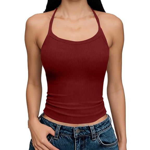 Sevevn Women's Ribbed Halter Crop Top Sleeveless U-Neck Spaghetti Strap Tank Top Wine M